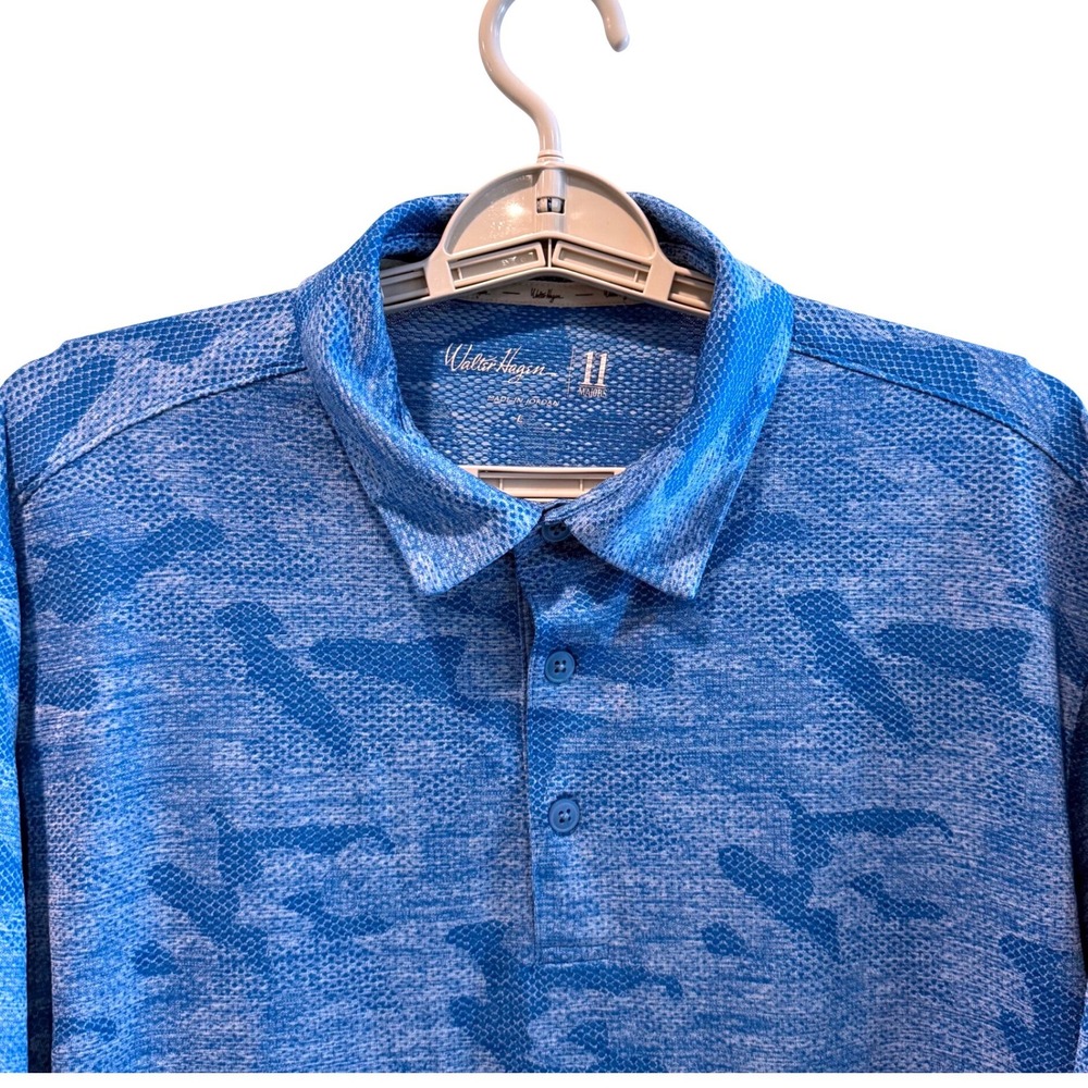Walter Hagen 11 Mens Blue Camo Golf Polo Shirt Large Majors Performance Stretch